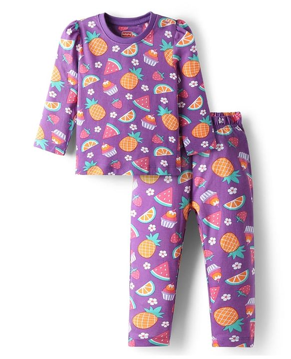Babyhug Cotton Knit Full Sleeves Co-Ord Night Suit with Fruits & Cupcake Print - Purple