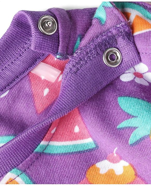 Babyhug Cotton Knit Full Sleeves Co-Ord Night Suit with Fruits & Cupcake Print - Purple