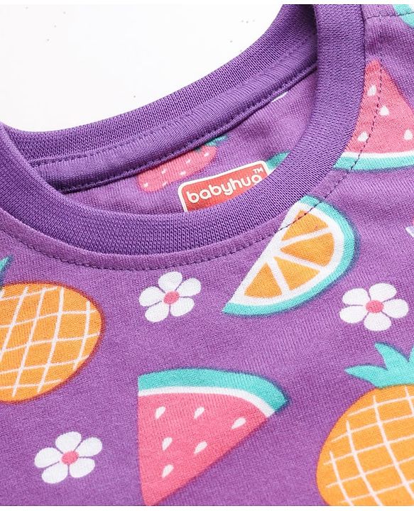 Babyhug Cotton Knit Full Sleeves Co-Ord Night Suit with Fruits & Cupcake Print - Purple