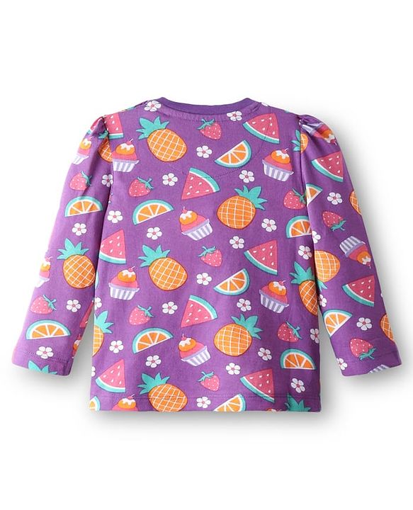 Babyhug Cotton Knit Full Sleeves Co-Ord Night Suit with Fruits & Cupcake Print - Purple