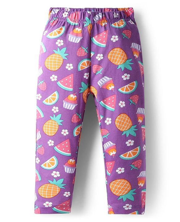 Babyhug Cotton Knit Full Sleeves Co-Ord Night Suit with Fruits & Cupcake Print - Purple