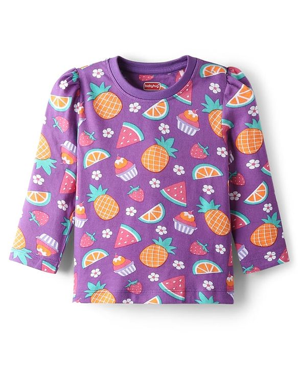Babyhug Cotton Knit Full Sleeves Co-Ord Night Suit with Fruits & Cupcake Print - Purple