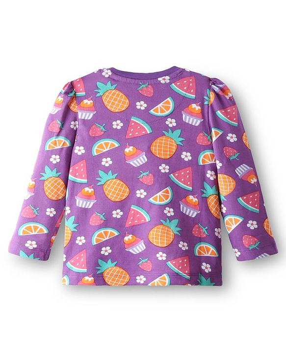 Babyhug Cotton Knit Full Sleeves Co-Ord Night Suit with Fruits & Cupcake Print - Purple