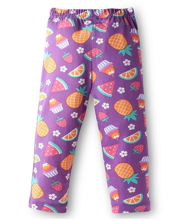 Babyhug Cotton Knit Full Sleeves Co-Ord Night Suit with Fruits & Cupcake Print - Purple