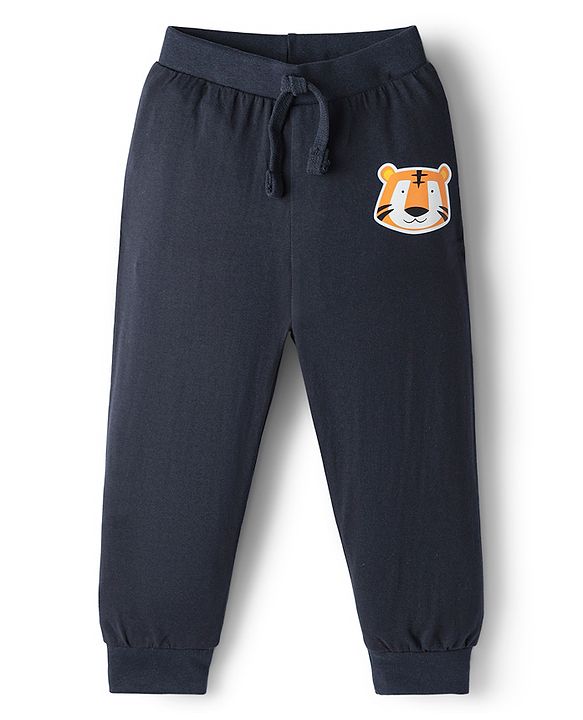 Babyhug Cotton Knit Full Length Lounge Pant With Animal Print - Navy Blue