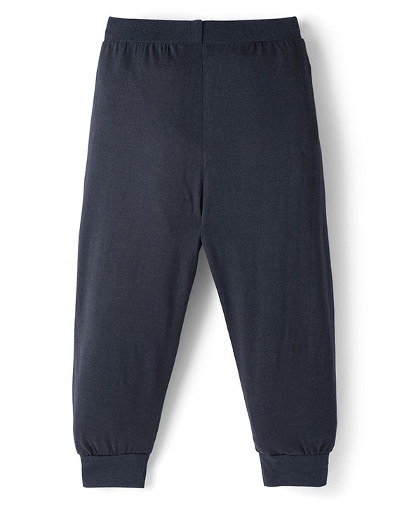 Babyhug Cotton Knit Full Length Lounge Pant With Animal Print - Navy Blue