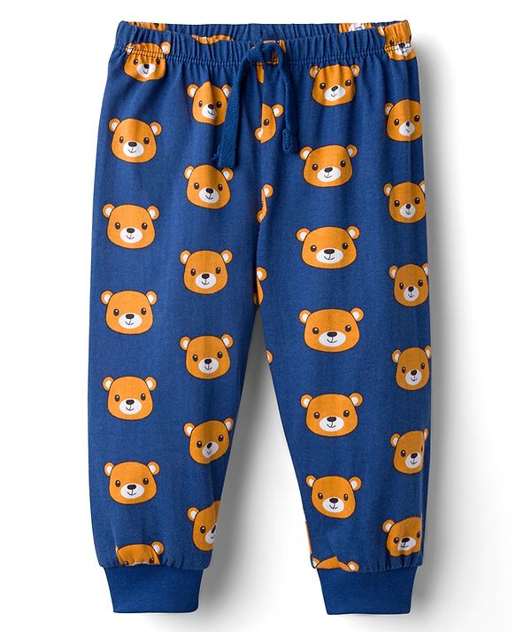 Babyhug Cotton Knit Full Length Lounge Pants with Animal Print - Blue