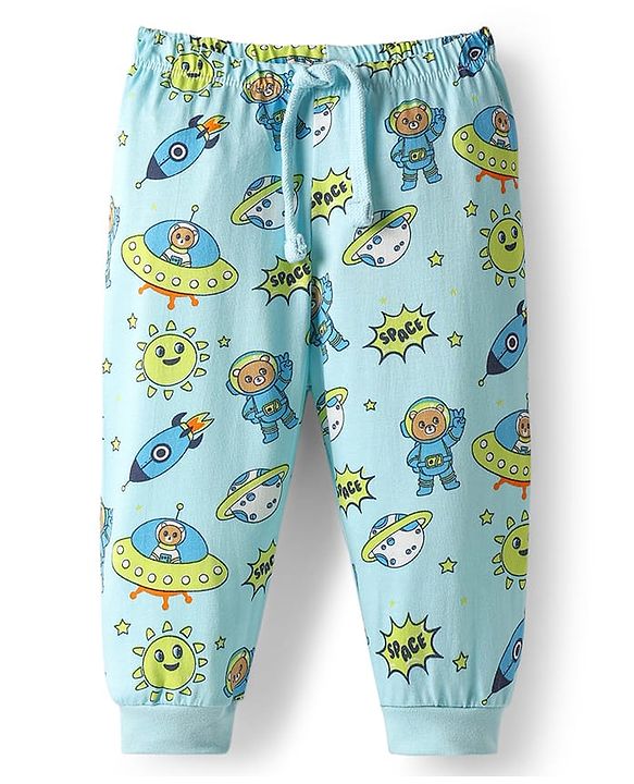 Babyhug Cotton Knit Full Length Lounge Pant with Space Theme Print - Light Blue