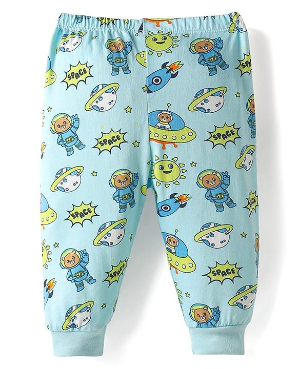 Babyhug Cotton Knit Full Length Lounge Pant with Space Theme Print - Light Blue