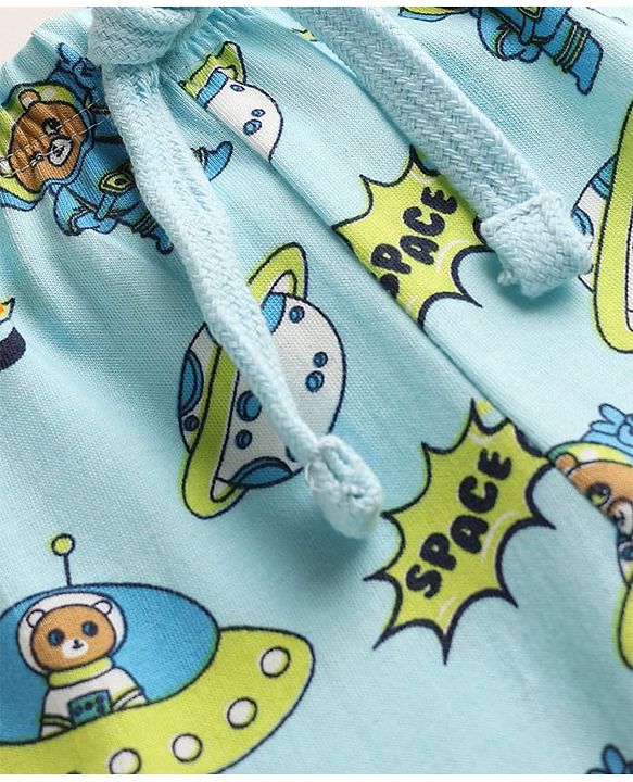 Babyhug Cotton Knit Full Length Lounge Pant with Space Theme Print - Light Blue