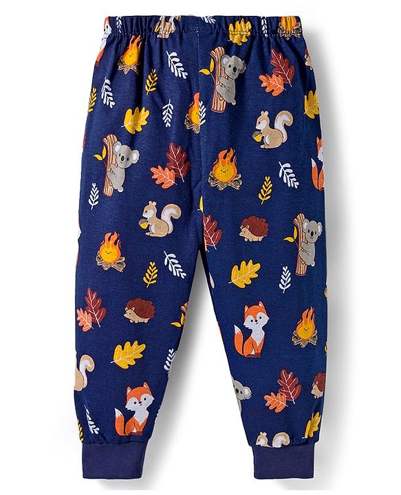 Babyhug Cotton knit Full Length Lounge Pant with Animal Print - Navy Blue