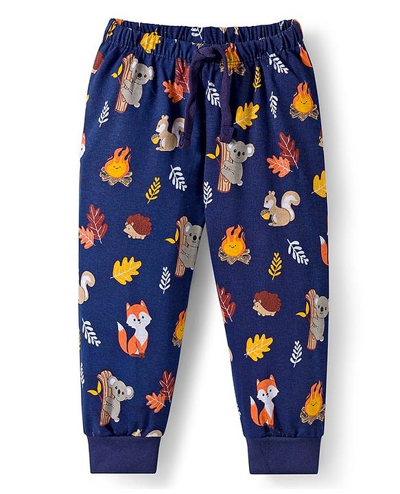Babyhug Cotton knit Full Length Lounge Pant with Animal Print - Navy Blue