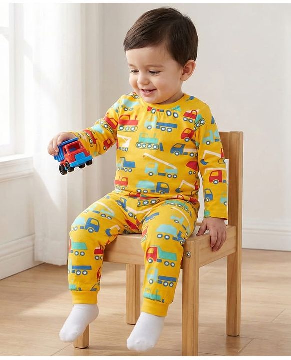 Babyhug Cotton Knit Full Sleeves Co-Ord Night Suit with Vehicle Print - Light Orange