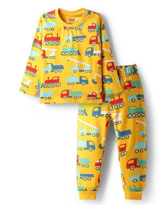 Babyhug Cotton Knit Full Sleeves Co-Ord Night Suit with Vehicle Print - Light Orange