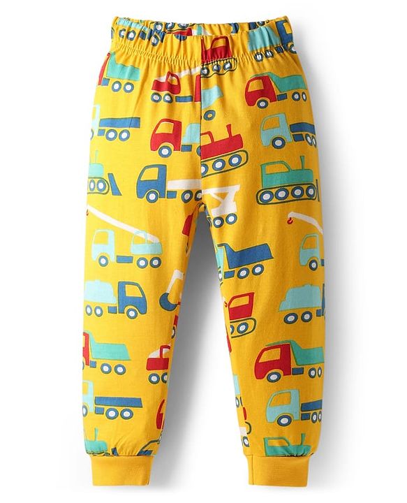 Babyhug Cotton Knit Full Sleeves Co-Ord Night Suit with Vehicle Print - Light Orange