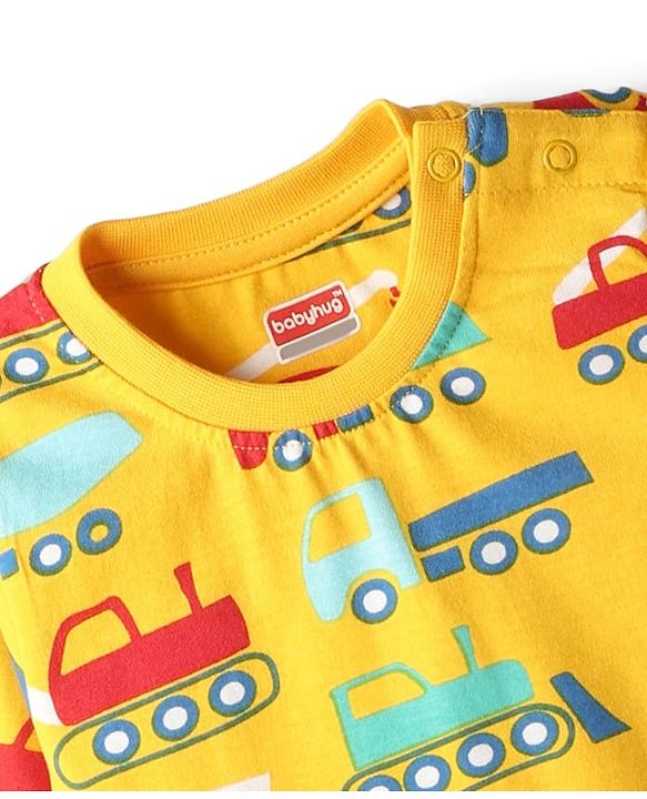 Babyhug Cotton Knit Full Sleeves Co-Ord Night Suit with Vehicle Print - Light Orange