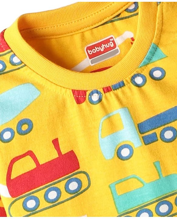Babyhug Cotton Knit Full Sleeves Co-Ord Night Suit with Vehicle Print - Light Orange
