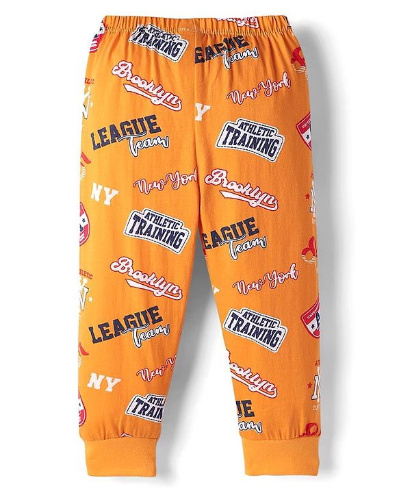 Babyhug Cotton Knit Full Length Lounge Pant With Text Print - Yellow