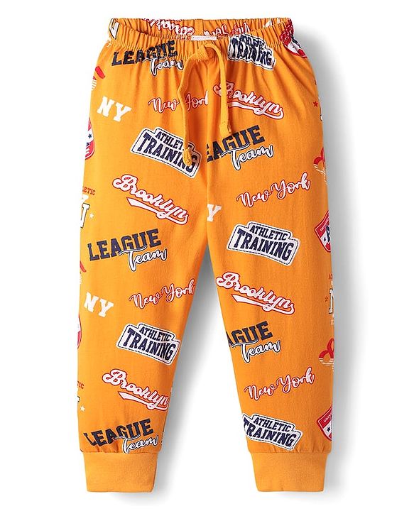 Babyhug Cotton Knit Full Length Lounge Pant With Text Print - Yellow