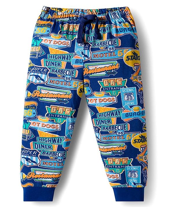 Babyhug Cotton Knit Full Length Lounge Pant with Text Print - Navy Blue