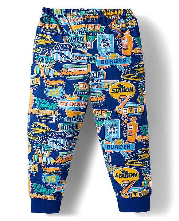 Babyhug Cotton Knit Full Length Lounge Pant with Text Print - Navy Blue