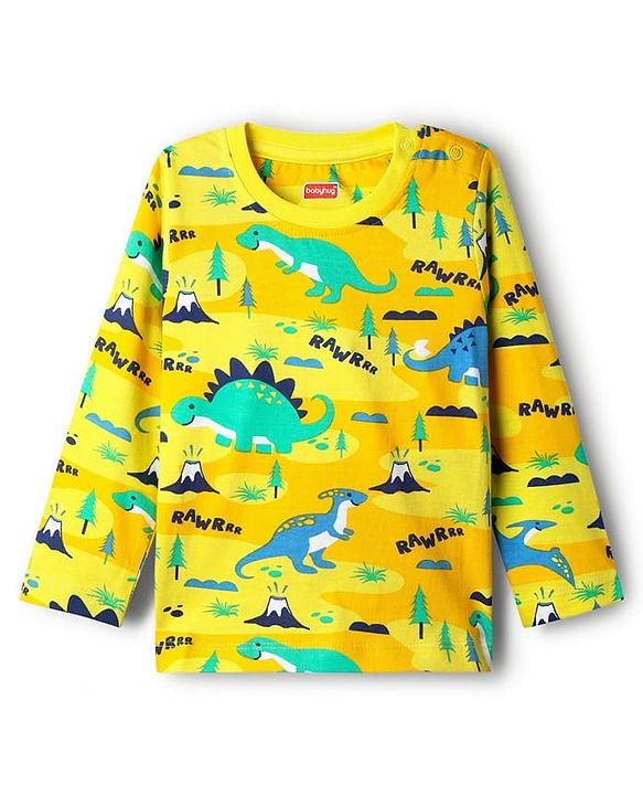 Babyhug Cotton Knit Full Sleeves Co-Ord Night Suit with  Dino Print - Yellow