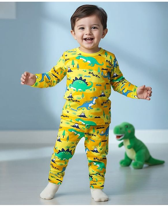 Babyhug Cotton Knit Full Sleeves Co-Ord Night Suit with  Dino Print - Yellow
