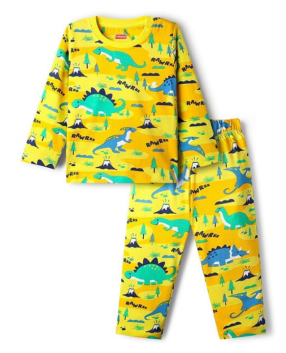 Babyhug Cotton Knit Full Sleeves Co-Ord Night Suit with  Dino Print - Yellow