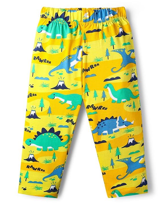 Babyhug Cotton Knit Full Sleeves Co-Ord Night Suit with  Dino Print - Yellow