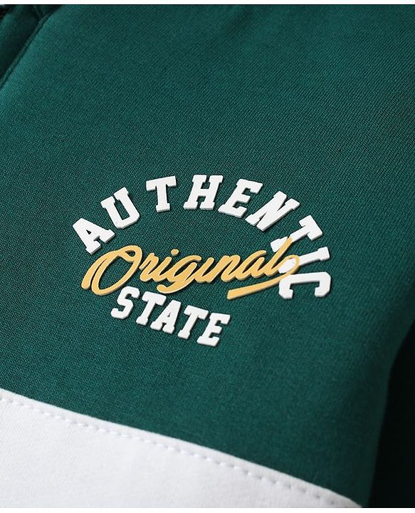 Babyhug Fleece Knit Full Sleeves Front Open Hooded Sweatshirt with Authentic Text Print & Kangaroo Pocket- Dark Green & Navy Blue