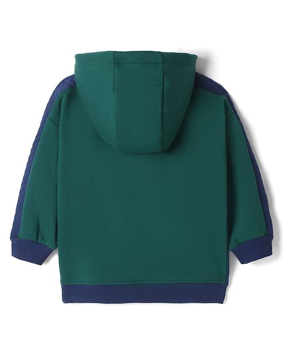 Babyhug Fleece Knit Full Sleeves Front Open Hooded Sweatshirt with Authentic Text Print & Kangaroo Pocket- Dark Green & Navy Blue