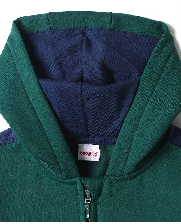 Babyhug Fleece Knit Full Sleeves Front Open Hooded Sweatshirt with Authentic Text Print & Kangaroo Pocket- Dark Green & Navy Blue