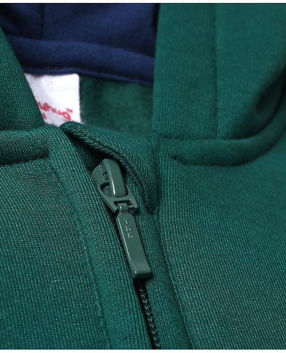 Babyhug Fleece Knit Full Sleeves Front Open Hooded Sweatshirt with Authentic Text Print & Kangaroo Pocket- Dark Green & Navy Blue