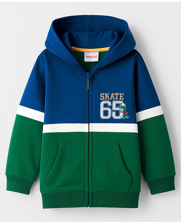 Babyhug Fleece Knit Full Sleeves Hooded Sweatjacket With Dino Print & Kangaroo Pockets - Blue & Green