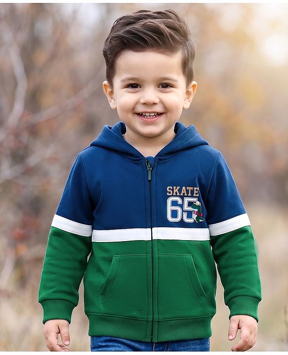Babyhug Fleece Knit Full Sleeves Hooded Sweatjacket With Dino Print & Kangaroo Pockets - Blue & Green