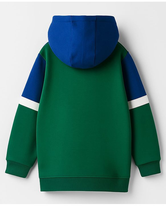 Babyhug Fleece Knit Full Sleeves Hooded Sweatjacket With Dino Print & Kangaroo Pockets - Blue & Green