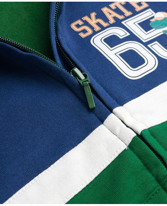 Babyhug Fleece Knit Full Sleeves Hooded Sweatjacket With Dino Print & Kangaroo Pockets - Blue & Green