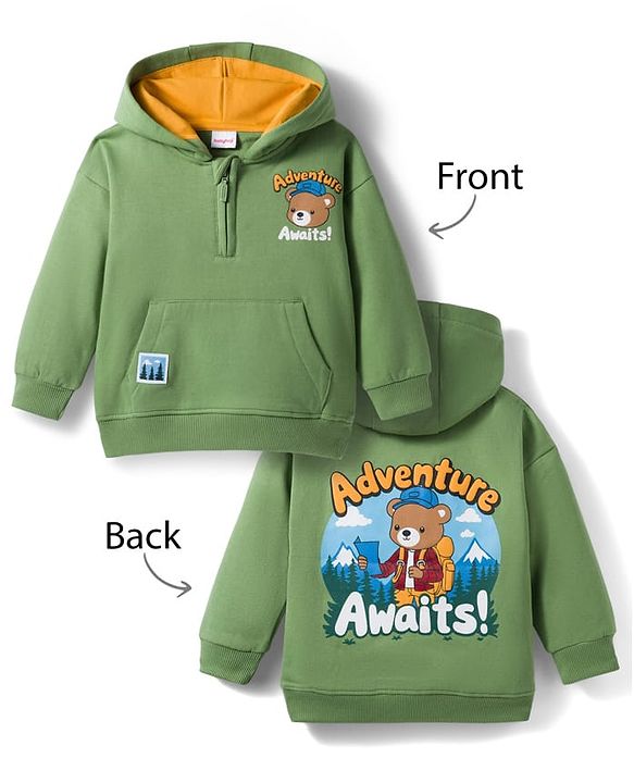 Babyhug Fleece Knit Full Sleeves Hooded Sweatshirt with Animal Print & Kangaroo Pocket - Green
