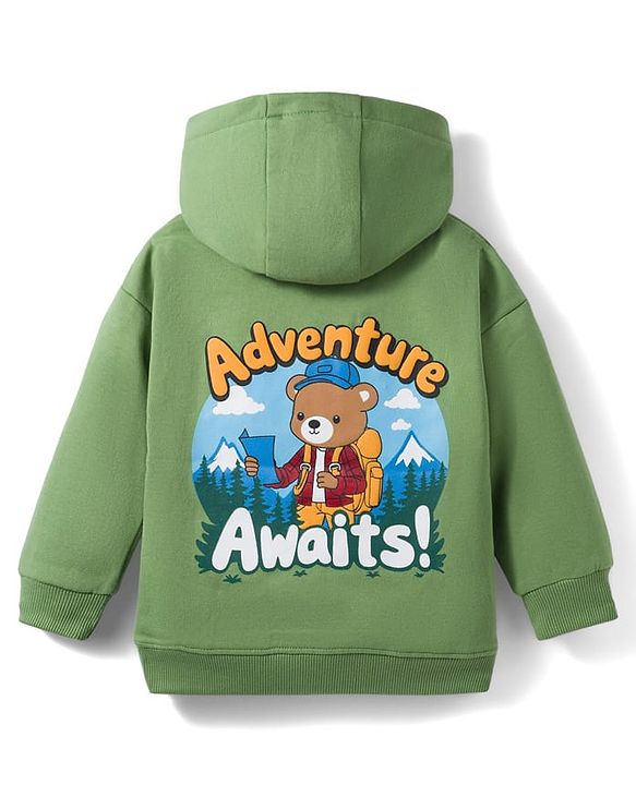 Babyhug Fleece Knit Full Sleeves Hooded Sweatshirt with Animal Print & Kangaroo Pocket - Green