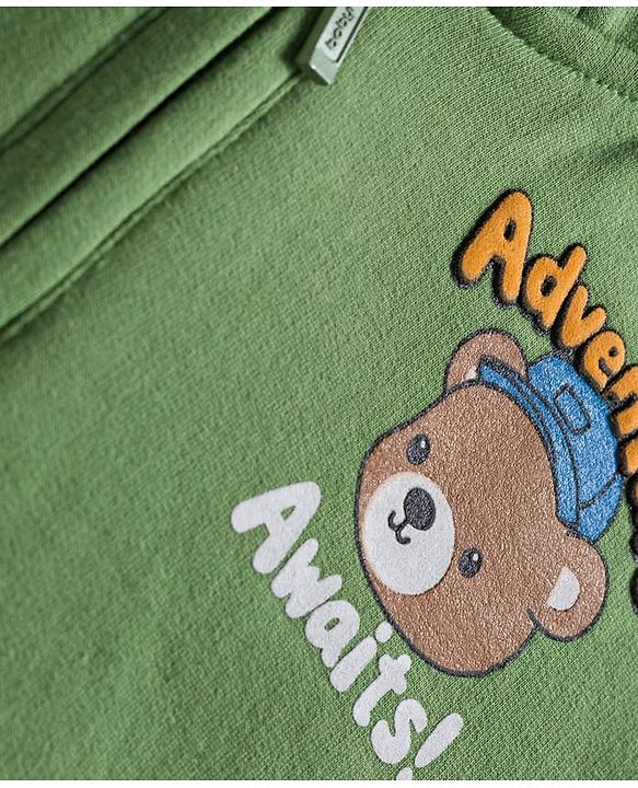 Babyhug Fleece Knit Full Sleeves Hooded Sweatshirt with Animal Print & Kangaroo Pocket - Green