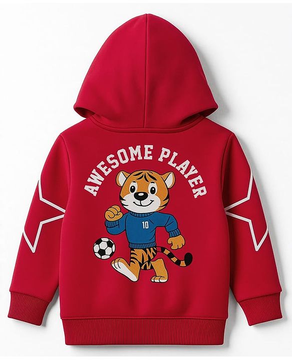 Babyhug Fleece Knit Full Sleeves Front Open Hooded SweatJacket with Tiger Graphic - Red