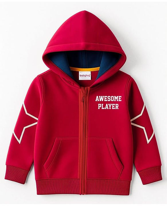 Babyhug Fleece Knit Full Sleeves Front Open Hooded SweatJacket with Tiger Graphic - Red