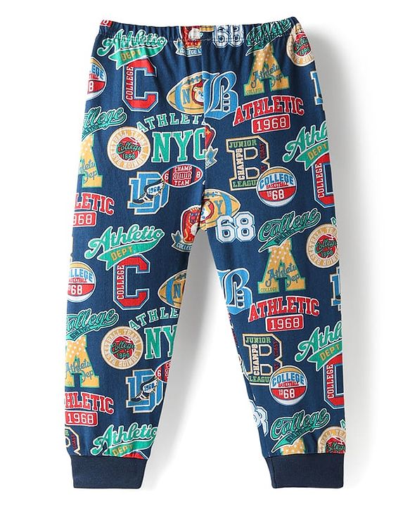 Babyhug Cotton Knit Full Length Lounge Pant With Text Print - Multicolour