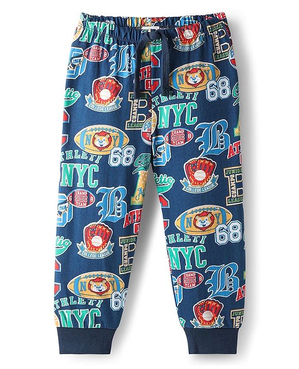 Babyhug Cotton Knit Full Length Lounge Pant With Text Print - Multicolour