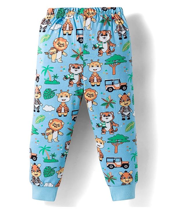 Babyhug Cotton Knit Full Length Lounge Pant with Jungle Theme Print - Light Blue