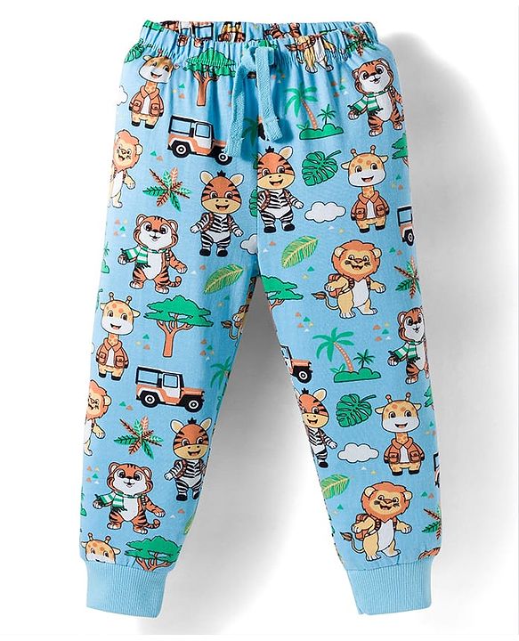 Babyhug Cotton Knit Full Length Lounge Pant with Jungle Theme Print - Light Blue
