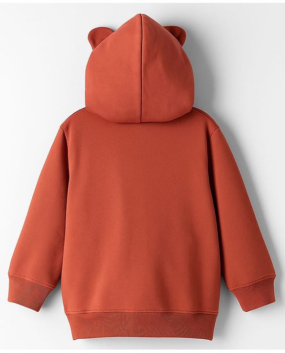 Babyhug Fleece Knit Full Sleeves Hooded Sweatjacket With Teddy Bear Embroidery - Rust Orange