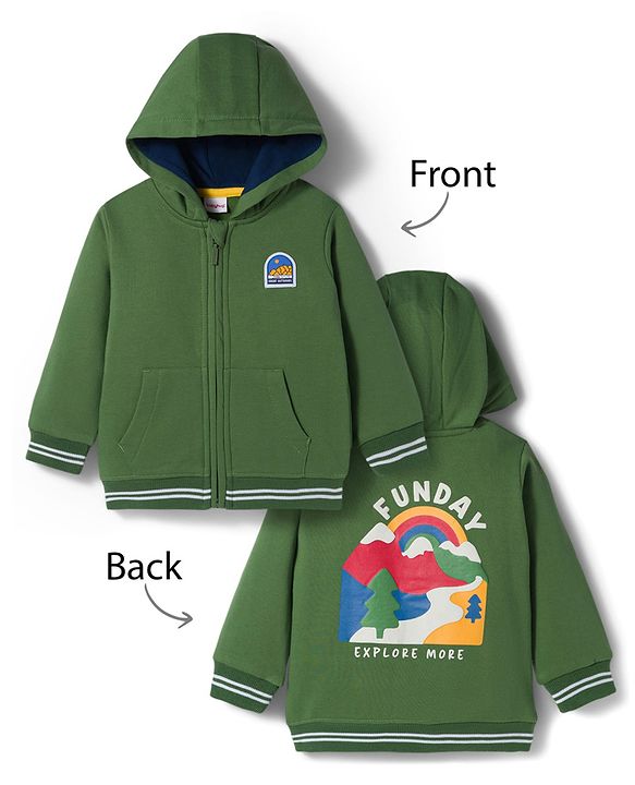 Babyhug Fleece Knit Full Sleeves Hooded SweatJacket with Graphic & Kangaroo Pocket - Green