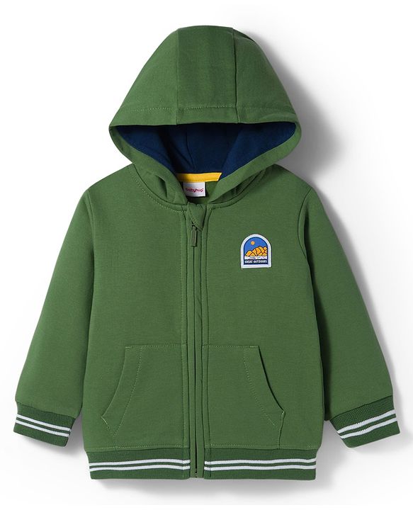 Babyhug Fleece Knit Full Sleeves Hooded SweatJacket with Graphic & Kangaroo Pocket - Green