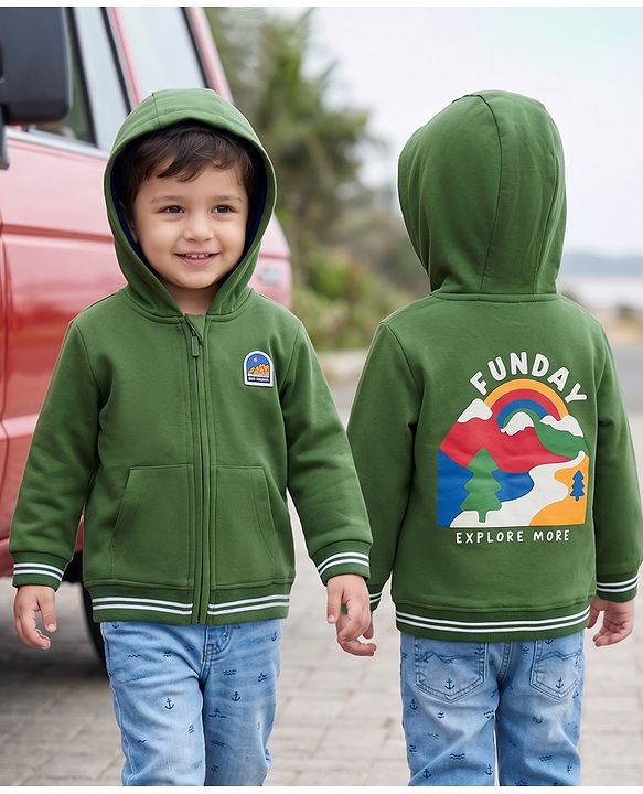 Babyhug Fleece Knit Full Sleeves Hooded SweatJacket with Graphic & Kangaroo Pocket - Green